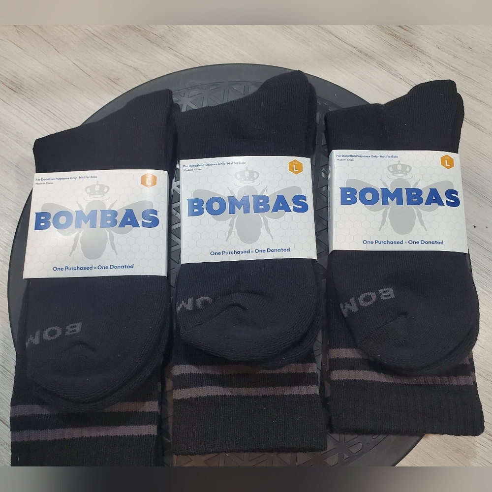 NEW Bombas 3 Pack Black Crew Socks SIZE LARGE 9 - 12
